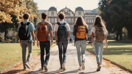 Rear view, Group of students with backpacks walking at university campus together.の素材