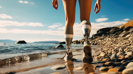 Young disabled woman with prosthetic legs are walks along the beach along the sea.の素材