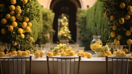Table settings with lemons at the outdoor dining area.の素材