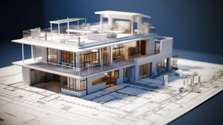 Model modern house construction with blueprints, Design of a contemporary house, Architecture.の素材