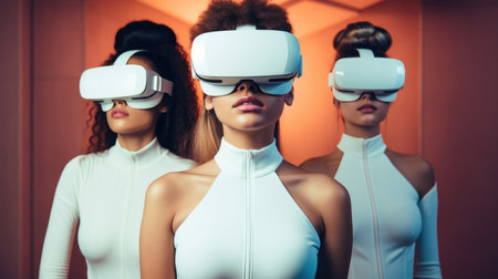 Group of beautiful woman wearing virtual reality headsets, Futuristic glasses.の素材