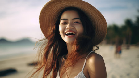Beautiful young Asian woman smiling at the beach.の素材