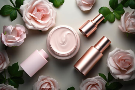 Science bio skincare cream serum product with leaves. natural organic beauty cosmetics concept, Top view.の素材