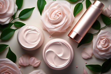 Science bio skincare cream serum product with leaves. natural organic beauty cosmetics concept, Top view.の素材