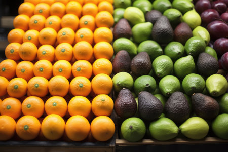 Fresh fruits at supermarket, Supermarket fruits shelf.の素材