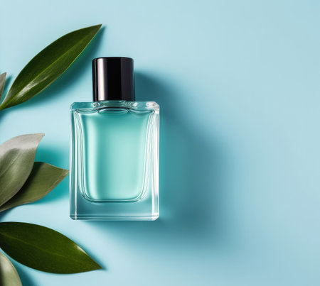 Perfume bottle with leaves on light blue background, Fashion concept.の素材