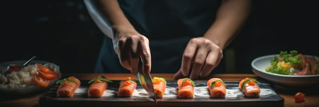 Professional chef hands preparing making nigiri sushi and arrange and decorate at restaurant.の素材