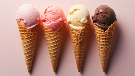 Ice cream in cones isolated on pink background, Assortment of assorted ice creams.の素材