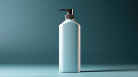 White cosmetic bottle dispenser pump with tube container on dark blue background.の素材