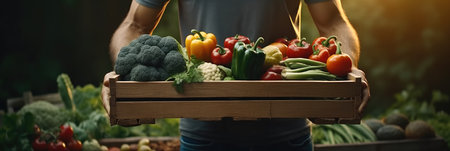 Farmer holding a box with fresh vegetables, Healthy eating concept, Banner.の素材