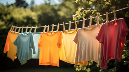 Children's colorful clothing dries on a clothesline in the yard outside in the sunlight after being washed.の素材