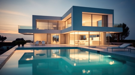Modern Minimalist Villa with swimming pool at sunset.の素材