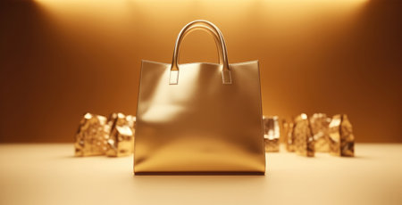 Gold shopping bags on gold background.の素材