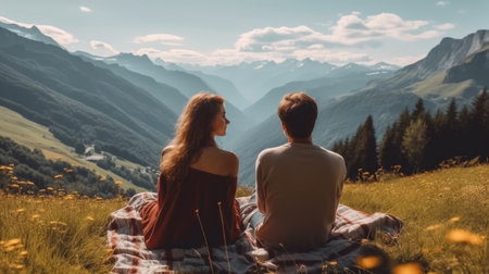 Rear view, Boyfriend and girlfriend sitting and looking at the beautiful scenic green meadow on mountain.の素材