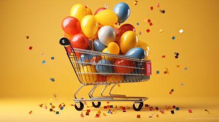 Online shopping concept, Shopping cart full of colorful gift boxes and balloon on yellow background with confetti.の素材