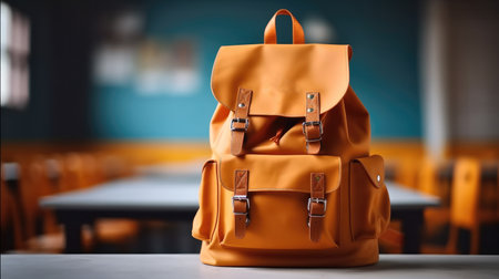 Vintage orange backpack with school supplies on table in class room, Back to school concept.の素材