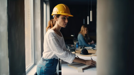 Architect woman are planning new construction with blueprint at building construction site.の素材