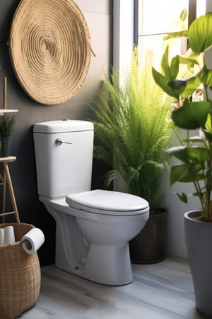 Modern restroom with toilet bowl and chest of drawers.の素材