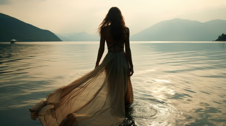 Rear view woman wearing long flowing beautiful dress in water, Moody melancholic.の素材