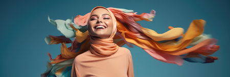 Happy beautiful muslim hijab woman colorful stylish outfit and positive for modest trendy.の素材