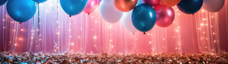 Balloons and confetti decoration for surprise parties event setup, Birthday and anniversary concept.の素材