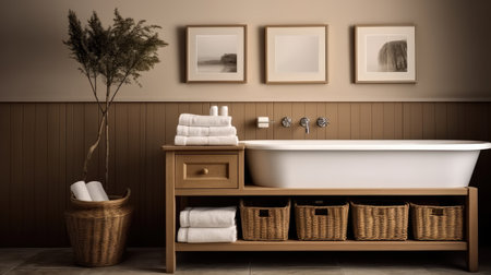 Interior design of Bathroom in farmhouse style with wicker basket material.の素材