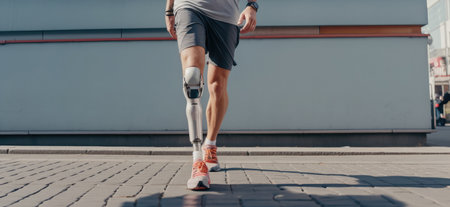 Young man with prosthetic leg walking along the street, Modern technology in prosthetic leg for disability people, Robotic artificial knee.の素材