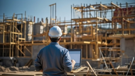 Project construction engineer are working in a construction site, Rear view.の素材