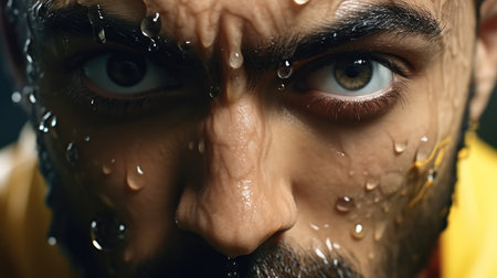 Extreme close up of a professional athlete with sweat pouring down his face.の素材