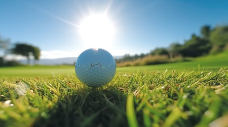 Golf ball placed in a green lawn on sunny day with a natural background.の素材