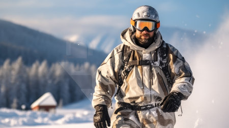 Man in goggles with ski on a snowy mountain.の素材
