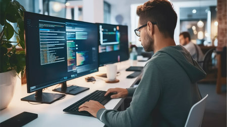 Software developer and a man at computer for coding script or cyber security in office.の素材