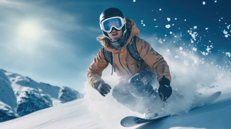 Snowboarder jumping through air with deep blue sky in background.の素材