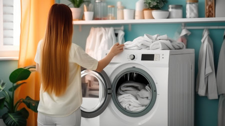 Woman are putting dirty clothes into washing machine in laundry room at home.の素材