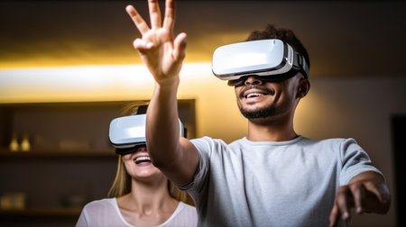 Man and woman are having fun by using a virtual reality headset at home, standing and looking and pointing finger at objects in virtual reality.の素材