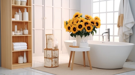 Modern of bathroom with white sink, Bathtub and shelving units.の素材