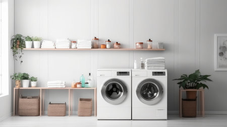 Modern bathroom with washing machine at home, Basket with dirty laundry.の素材