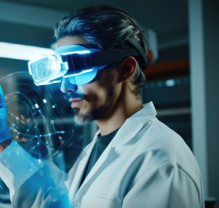 Futuristic researcher using the augmented reality VR glasses with hologram graphics for viewing results of research in laboratory, Interacting with virtual reality.の素材