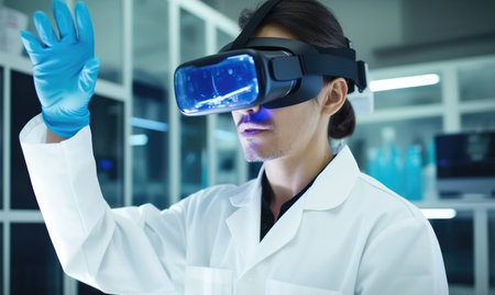 Interacting with virtual reality, Specialist researcher doctor wearing virtual reality goggles during neuroscience experiment in biochemistry hospital laboratory.の素材