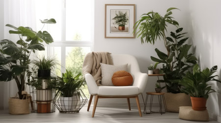 Stylish room with comfortable armchair and beautiful plants in modern house, Interior design.