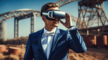 Businessman wearing virtual reality goggles during analyzing building structure at the construction site.の素材