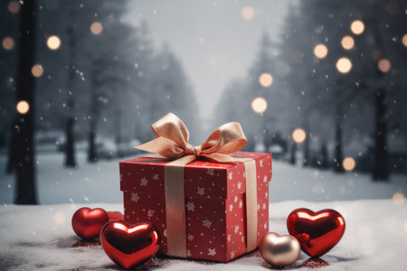 Christmas present wrapped in a red bow with red hearts and Christmas tree background.の素材