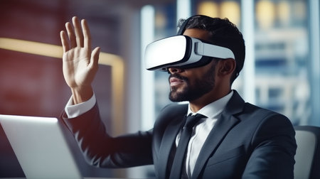 Virtual reality demonstration, Mature businessman wearing VR glasses in office business technology futuristic technology vr virtual.の素材