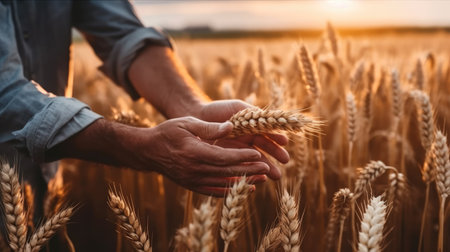 Close up of male farmer hand in the wheat field at the sunset, Agriculture concept.の素材