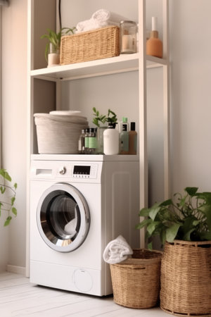 Washing machine and laundry basket in laundry room at home.の素材