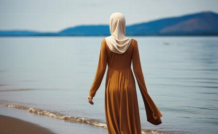 Rear view, Girl model in long dress walking on the beach, Minimalism.の素材