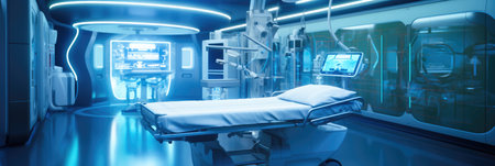 Interior of a medical bay with treatment bed and various healthcare equipment and medicines at modern hospital.の素材