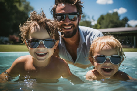 One adults and two child having fun in the water in the pool.の素材