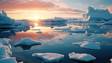 Ice and icebergs melting because of the global warming, Icebergs floating in the sea.の素材