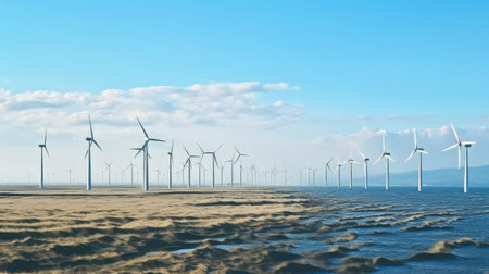 Wind mill farm in sea against blue sky, Renewable energy concept.の素材